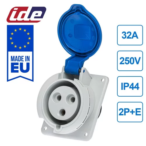 Розетка вбудована похила силова ide 32a 250В 2p+e ip44 Синій Розетка вбудована похила силова ide 32a 250В 2p+e ip44 Синій